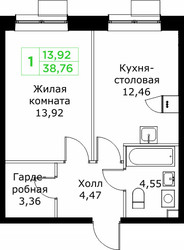 Планировка однокомнатной(квартира) площадью 38.76 квадратных метров в ЖК “ЖК КИТ 2”