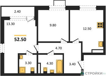 Планировка двухкомнатной(квартира) площадью 52.5 квадратных метров в ЖК “ЖК Прокшино”
