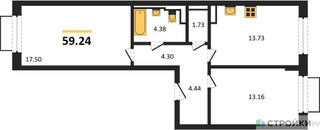 Планировка двухкомнатной(квартира) площадью 59.24 квадратных метров в “ЖК Томилино Парк”