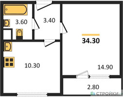 Планировка однокомнатной(квартира) площадью 34.3 квадратных метров в “ЖК ЮЖНАЯ БИТЦА”