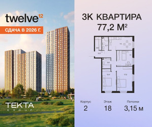 Планировка трехкомнатной(квартира) площадью 77.2 квадратных метров в ЖК “ЖК Твелв”