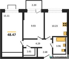 Планировка двухкомнатной(квартира) площадью 48.47 квадратных метров в “ЖК Богдановский Лес”