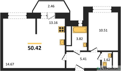 Планировка однокомнатной(квартира) площадью 50.42 квадратных метров в ЖК “ЖК ВОСТОК II”