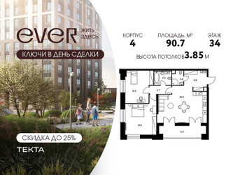 Планировка трехкомнатной(квартира) площадью 90.7 квадратных метров в ЖК “ЖК Ever (Эвер)”