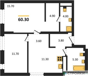 Планировка двухкомнатной(квартира) площадью 60.3 квадратных метров в ЖК “ЖК Детали”
