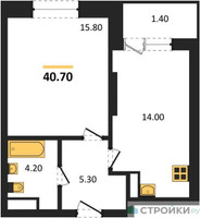 Планировка однокомнатной(квартира) площадью 40.7 квадратных метров в “ЖК Пушкино Град”