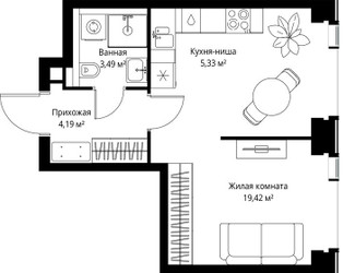 Планировка однокомнатной(квартира) площадью 32.43 квадратных метров в ЖК “Мультиквартал СИТИДЗЕН”
