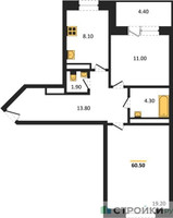 Планировка двухкомнатной(квартира) площадью 61.5 квадратных метров в “ЖК Три квартала”