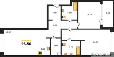 Планировка двухкомнатной(квартира) площадью 93.5 квадратных метров в ЖК “ЖК Монблан”