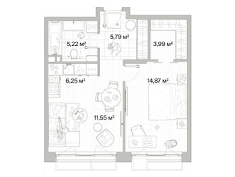 Планировка однокомнатной(квартира) площадью 47.67 квадратных метров в ЖК “Архитектурный проект Мыс”