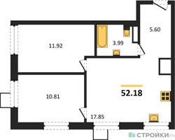 Планировка двухкомнатной(квартира) площадью 52.18 квадратных метров в “ЖК Квартал Тетрис”