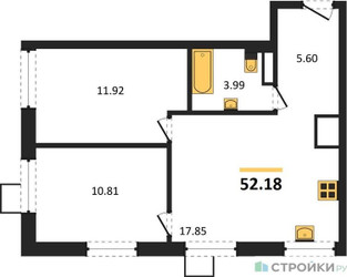 Планировка двухкомнатной(квартира) площадью 52.18 квадратных метров в ЖК “ЖК Квартал Тетрис”