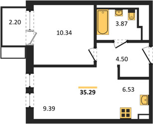 Планировка однокомнатной(квартира) площадью 35.29 квадратных метров в ЖК “ЖК Квартал Сабурово”