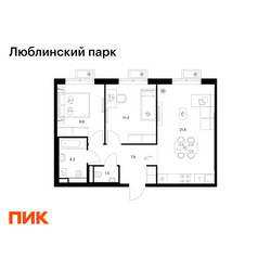 Планировка двухкомнатной(квартира) площадью 56.4 квадратных метров в ЖК “ЖК Люблинский парк”