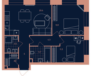 Планировка трехкомнатной(квартира) площадью 66.1 квадратных метров в ЖК “Квартал Эра”