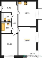 Планировка двухкомнатной(квартира) площадью 54.4 квадратных метров в “ЖК Новое Внуково”