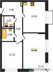 Планировка двухкомнатной(квартира) площадью 54.4 квадратных метров в ЖК “ЖК Новое Внуково”