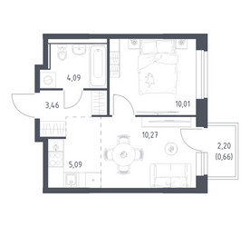 Планировка однокомнатной(квартира) площадью 33.58 квадратных метров в ЖК “ЖК Квартал Ивакино”