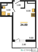 Планировка студии(квартира) площадью 24 квадратных метров в “ЖК Родные кварталы”