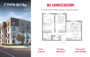 Планировка трехкомнатной(квартира) площадью 50.21 квадратных метров в “ЖК Аникеевский”