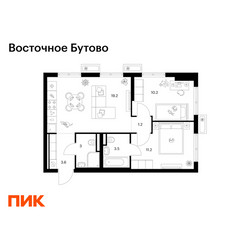Планировка двухкомнатной(квартира) площадью 51.9 квадратных метров в ЖК “ЖК Восточное Бутово”