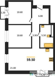 Планировка двухкомнатной(квартира) площадью 59.5 квадратных метров в ЖК “ЖК Квартал Метроном”
