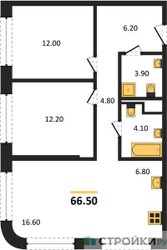 Планировка двухкомнатной(квартира) площадью 66.5 квадратных метров в ЖК “ЖК STONE Sokolniki (Сокольники)”