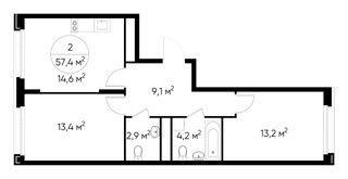Планировка двухкомнатной(квартира) площадью 57.4 квадратных метров в “ЖК Переделкино Ближнее”