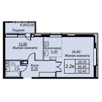 Планировка двухкомнатной(апартаменты) площадью 52.4 квадратных метров в “ЖК Кашинцево”