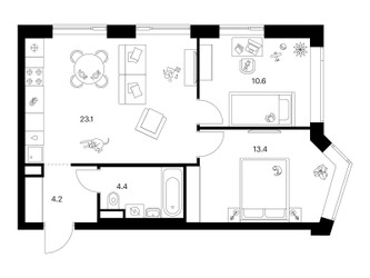 Планировка двухкомнатной(квартира) площадью 55.7 квадратных метров в ЖК “ЖК Мичуринский Парк”