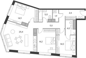 Планировка трехкомнатной(апартаменты) площадью 94.4 квадратных метров в “ЖК Дом Chkalov”