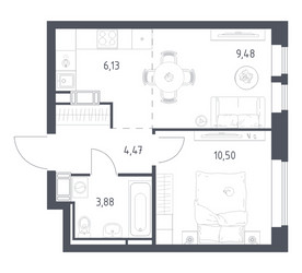 Планировка однокомнатной(квартира) площадью 34.46 квадратных метров в ЖК “ЖК Большое Путилково”