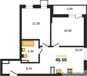 Планировка двухкомнатной(квартира) площадью 46.5 квадратных метров в ЖК “ЖК Деснаречье”