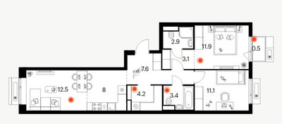 Планировка трехкомнатной(квартира) площадью 65.2 квадратных метров в ЖК “ЖК Амурский парк”