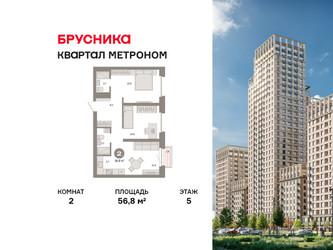 Планировка двухкомнатной(квартира) площадью 56.8 квадратных метров в ЖК “ЖК Квартал Метроном”