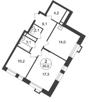 Планировка двухкомнатной(квартира) площадью 60 квадратных метров в “ЖК Первый Московский”