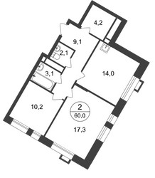 Планировка двухкомнатной(квартира) площадью 60 квадратных метров в ЖК “ЖК Первый Московский”