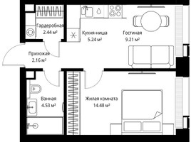 Планировка однокомнатной(квартира) площадью 38.06 квадратных метров в “ЖК Веер”