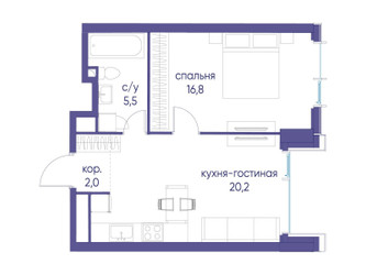 Планировка однокомнатной(квартира) площадью 44.5 квадратных метров в ЖК “ЖК Событие”