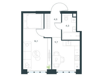 Планировка однокомнатной(квартира) площадью 34.6 квадратных метров в ЖК “ЖК Level Южнопортовая”