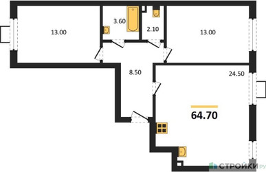 Планировка двухкомнатной(квартира) площадью 64.7 квадратных метров в ЖК “ЖК Лучи-2”