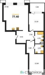 Планировка двухкомнатной(квартира) площадью 77.4 квадратных метров в ЖК “ЖК Дзен-кварталы”