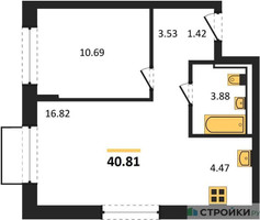 Планировка однокомнатной(квартира) площадью 40.81 квадратных метров в “ЖК Томилино Парк”