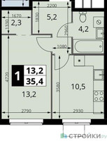 Планировка однокомнатной(квартира) площадью 35.4 квадратных метров в “ЖК 1-й Измайловский (Первый Измайловский)”