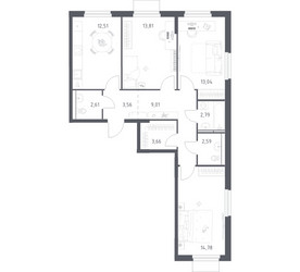 Планировка трехкомнатной(квартира) площадью 78.36 квадратных метров в ЖК “ЖК Мытищи Парк”