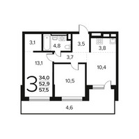 Планировка трехкомнатной(квартира) площадью 57.5 квадратных метров в “Новые Ватутинки. Заречный”
