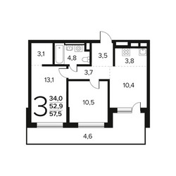 Планировка трехкомнатной(квартира) площадью 57.5 квадратных метров в ЖК “Новые Ватутинки. Заречный”