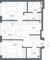 Планировка двухкомнатной(квартира) площадью 61.66 квадратных метров в “ЖК TATE (Тэйт)”