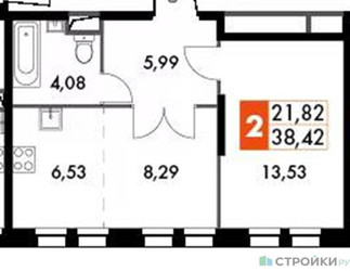 Планировка однокомнатной(апартаменты) площадью 38.42 квадратных метров в “ЖК Движение. Говорово”