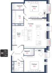Планировка трехкомнатной(квартира) площадью 77.8 квадратных метров в ЖК “ЖК КИНОКВАРТАЛ”